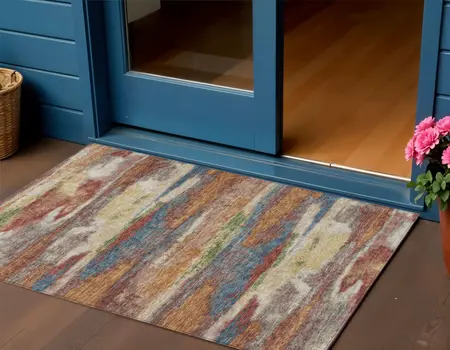 3' X 5' Orange Green And Gold Abstract Washable Indoor Outdoor Area Rug