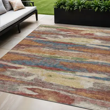 5' X 8' Orange Green And Gold Abstract Washable Indoor Outdoor Area Rug