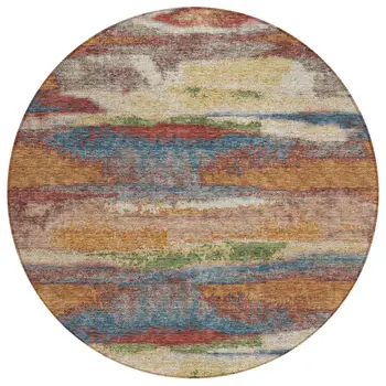 8' Orange Green And Gold Round Abstract Washable Indoor Outdoor Area Rug