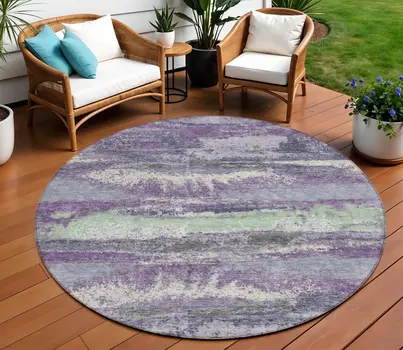 8' Purple And Lavender Round Abstract Washable Indoor Outdoor Area Rug