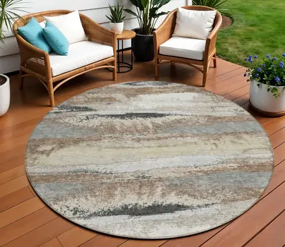 8' Taupe Beige And Ivory Round Abstract Washable Indoor Outdoor Area Rug