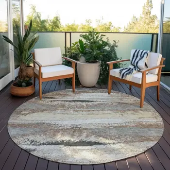 8' Taupe Beige And Ivory Round Abstract Washable Indoor Outdoor Area Rug