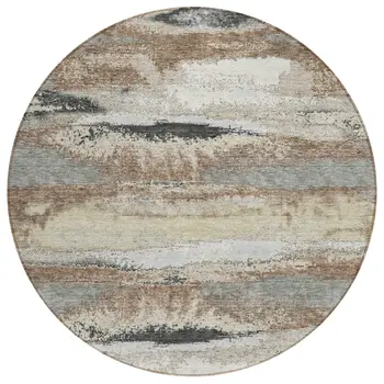 8' Taupe Beige And Ivory Round Abstract Washable Indoor Outdoor Area Rug