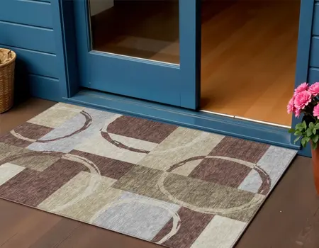 3' X 5' Brown And Ivory Geometric Washable Indoor Outdoor Area Rug