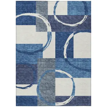 5' X 8' Blue And Ivory Geometric Washable Indoor Outdoor Area Rug