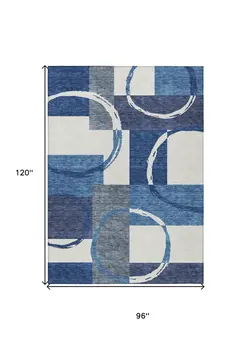 8' X 10' Blue And Ivory Geometric Washable Indoor Outdoor Area Rug