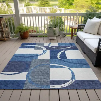 8' X 10' Blue And Ivory Geometric Washable Indoor Outdoor Area Rug