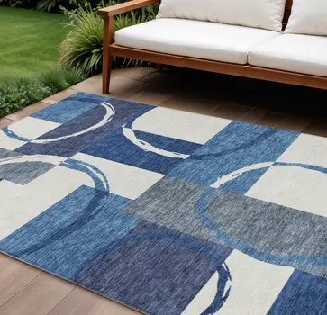 10' X 14' Blue And Ivory Geometric Washable Indoor Outdoor Area Rug
