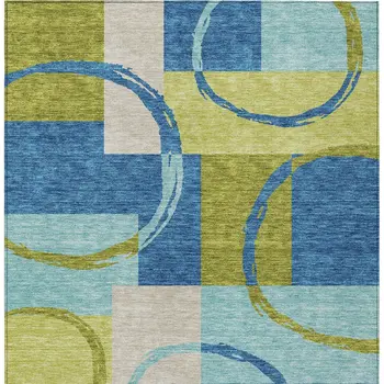 3' X 5' Denim Blue And Lime Green Geometric Washable Indoor Outdoor Area Rug