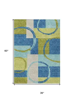 3' X 5' Denim Blue And Lime Green Geometric Washable Indoor Outdoor Area Rug
