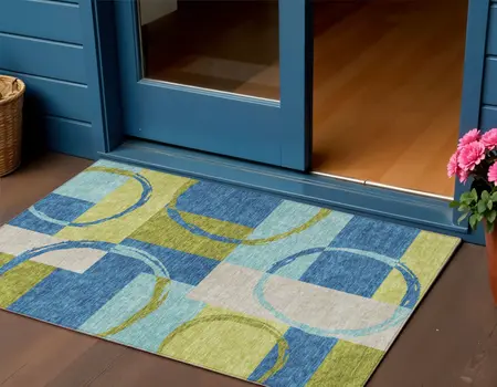 3' X 5' Denim Blue And Lime Green Geometric Washable Indoor Outdoor Area Rug