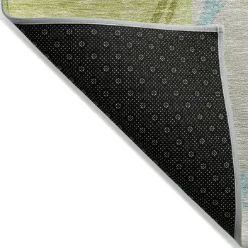 3' X 5' Denim Blue And Lime Green Geometric Washable Indoor Outdoor Area Rug