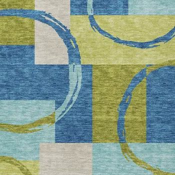 3' X 5' Denim Blue And Lime Green Geometric Washable Indoor Outdoor Area Rug