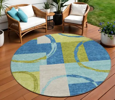 8' Denim Blue And Lime Green Round Geometric Washable Indoor Outdoor Area Rug