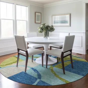 8' Denim Blue And Lime Green Round Geometric Washable Indoor Outdoor Area Rug
