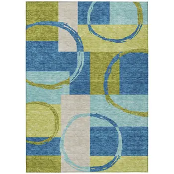 8' X 10' Denim Blue And Lime Green Geometric Washable Indoor Outdoor Area Rug
