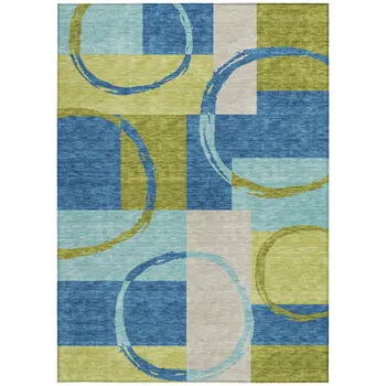 8' X 10' Denim Blue And Lime Green Geometric Washable Indoor Outdoor Area Rug