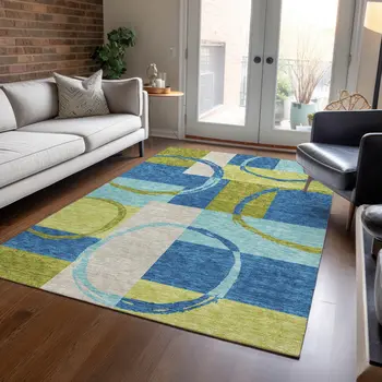 8' X 10' Denim Blue And Lime Green Geometric Washable Indoor Outdoor Area Rug