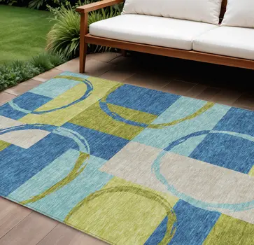 10' X 14' Denim Blue And Lime Green Geometric Washable Indoor Outdoor Area Rug