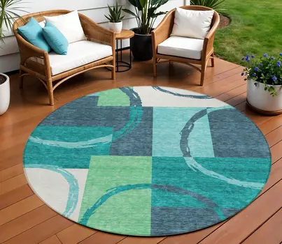 8' Teal Blue And Green Round Geometric Washable Indoor Outdoor Area Rug