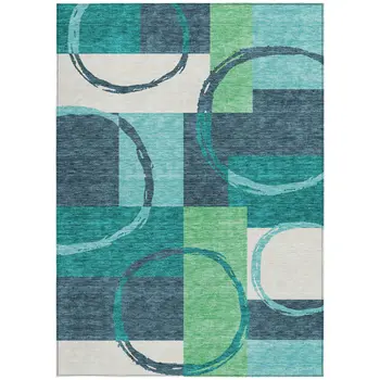 8' X 10' Teal Blue And Green Geometric Washable Indoor Outdoor Area Rug