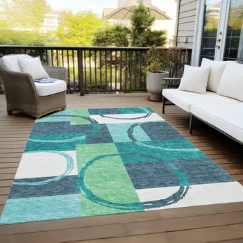 8' X 10' Teal Blue And Green Geometric Washable Indoor Outdoor Area Rug