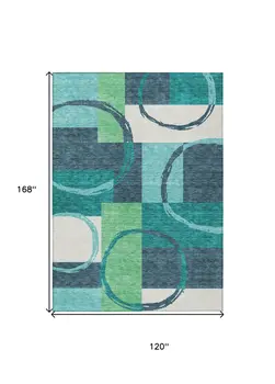 10' X 14' Teal Blue And Green Geometric Washable Indoor Outdoor Area Rug