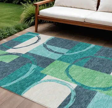 10' X 14' Teal Blue And Green Geometric Washable Indoor Outdoor Area Rug