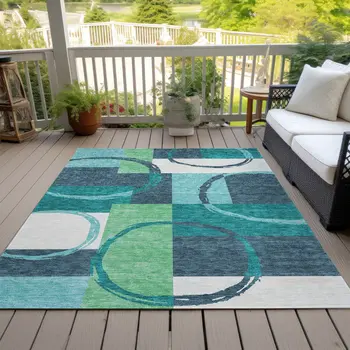 10' X 14' Teal Blue And Green Geometric Washable Indoor Outdoor Area Rug