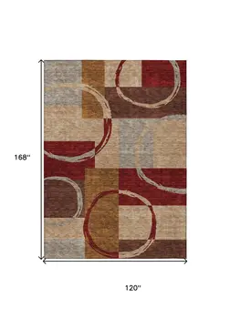 10' X 14' Wheat And Burgundy Geometric Washable Indoor Outdoor Area Rug