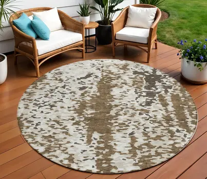 8' Brown And Ivory Round Abstract Washable Indoor Outdoor Area Rug