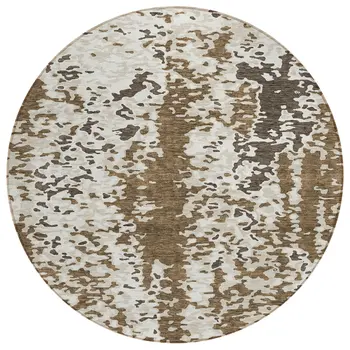 8' Brown And Ivory Round Abstract Washable Indoor Outdoor Area Rug