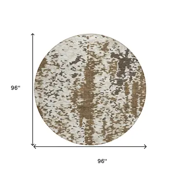 8' Brown And Ivory Round Abstract Washable Indoor Outdoor Area Rug