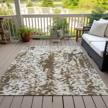 9' X 12' Brown And Ivory Abstract Washable Indoor Outdoor Area Rug