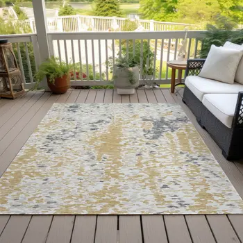 10' X 14' Gold And Ivory Abstract Washable Indoor Outdoor Area Rug