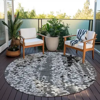 8' Gray And Silver Round Abstract Washable Indoor Outdoor Area Rug