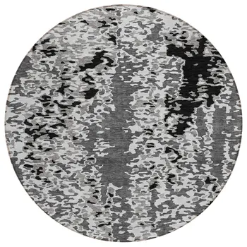 8' Gray And Silver Round Abstract Washable Indoor Outdoor Area Rug