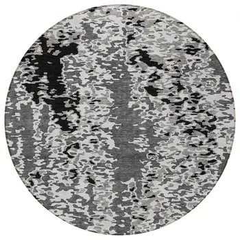 8' Gray And Silver Round Abstract Washable Indoor Outdoor Area Rug