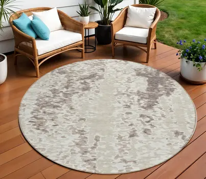 8' Ivory And Beige Round Abstract Washable Indoor Outdoor Area Rug