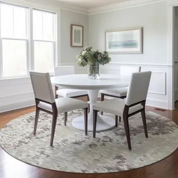 8' Ivory And Beige Round Abstract Washable Indoor Outdoor Area Rug
