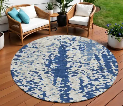 8' Navy Blue And Ivory Round Abstract Washable Indoor Outdoor Area Rug