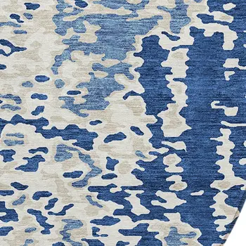 8' Navy Blue And Ivory Round Abstract Washable Indoor Outdoor Area Rug