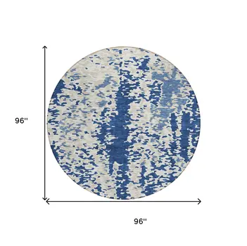 8' Navy Blue And Ivory Round Abstract Washable Indoor Outdoor Area Rug