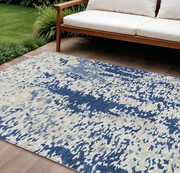 8' X 10' Navy Blue And Ivory Abstract Washable Indoor Outdoor Area Rug