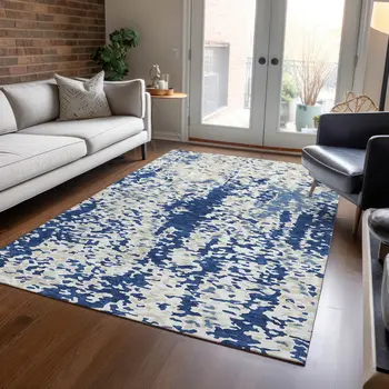 8' X 10' Navy Blue And Ivory Abstract Washable Indoor Outdoor Area Rug