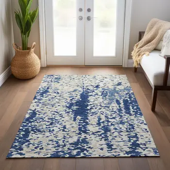 8' X 10' Navy Blue And Ivory Abstract Washable Indoor Outdoor Area Rug