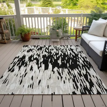 5' X 8' Black And Ivory Abstract Washable Indoor Outdoor Area Rug