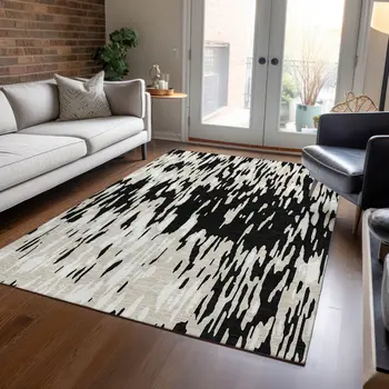 5' X 8' Black And Ivory Abstract Washable Indoor Outdoor Area Rug