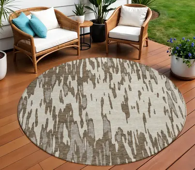 8' Brown And Ivory Round Abstract Washable Indoor Outdoor Area Rug