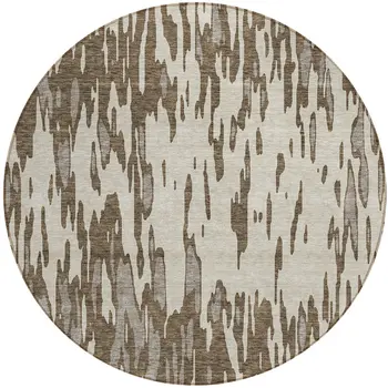 8' Brown And Ivory Round Abstract Washable Indoor Outdoor Area Rug